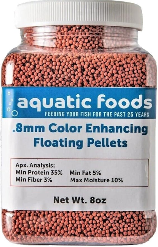 Aquatic Foods Inc. Color Enhancing Micro .8mm Floating Pellets for Discus, Guppies, Baby Cichlids, Baby Koi, Tetras, Live Bearers, All Tropical and Pond Fish...8oz Jar