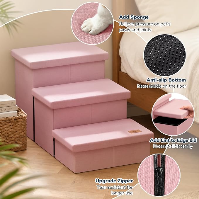 3-Step Wide Dog Stairs with Hidden Storage 18" H, Non-Slip Dog Steps for High Bed Couch Window Car, Jiont-Friendly Pet Stairs Ramp for Small/Medium/Large Old Dogs Cats Up to 200lbs, Pink