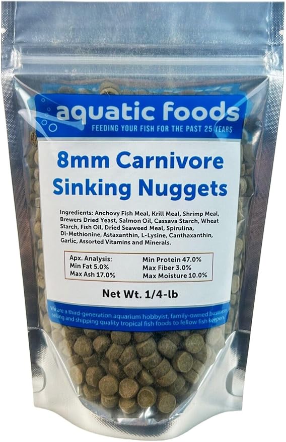 Aquatic Foods Inc. 8mm - 5/16" Carnivore Sinking Pellets for Carnivore Cichlids, Catfish, Monster Fish, Bottom Fish, All Large Fish, Also Koi & Pond Fish. - WL…1/4-lb Foil Pouch Bag