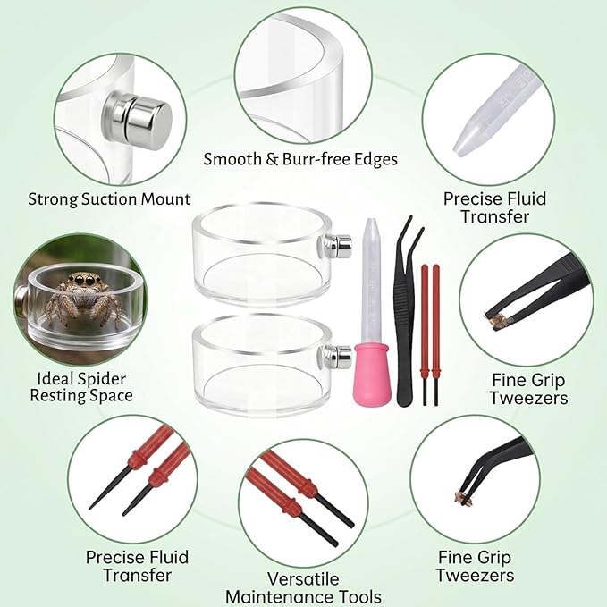6PCS Jumping Spider Feeding Dish, Magnetic Bowl and Tarantula Water Dish, Magnetic Water Bowl with Tweezers for Small Reptile Enclosures, Jumping Spider Accessories Kit