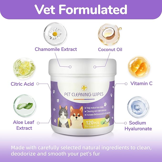Dog Eye Wipes, 120 Count Cat Eyes Cleaning Wipes Gentle Pet Tear Stain Remover, Hypoallergenic Puppy Dogs Eye Wash Cleaner for Debris Discharge Mucus, Vet Recommended Aloe Chamomile Pets Wipe Pads
