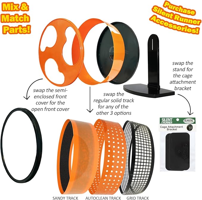 Exotic Nutrition Silent Runner 12" Regular Wheel + Autoclean Track + Sandy Track + Cage Attachment - Pet Exercise Wheel Package Set - for Sugar Gliders, Female Rats, Hamsters, Mice, Small Pets
