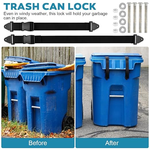 Kakalote 2pcs Adjustable Black Nylon Trash Can Locks, Universal Bear Proof, Easy Installation, Animal Proof, High Compatibility