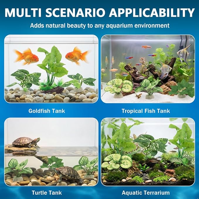 12pcs Artificial Silk Aquarium Plants Bettas Tank Accessories Green Fish Tank Plants Leaf Hammock Aquarium Decorations for Fish & Reptiles(Color:Green)