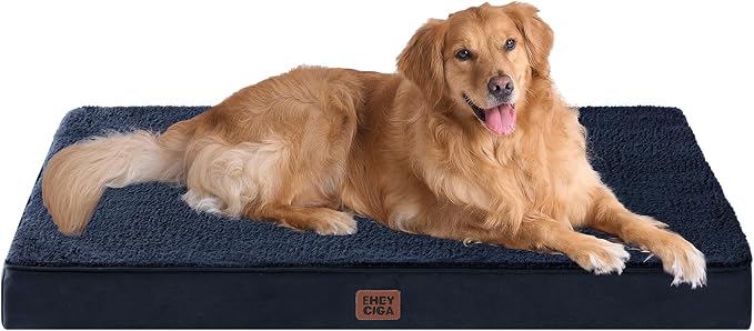 EHEYCIGA Orthopedic Dog Bed Large with Removable Washable Cover, 44IN Navy | Egg Crate Foam Support, Durable Oxford fabric, Non-Slip Bottom, Machine Washable, Soft Waterproof Plush Pet Bed Mat For Crate