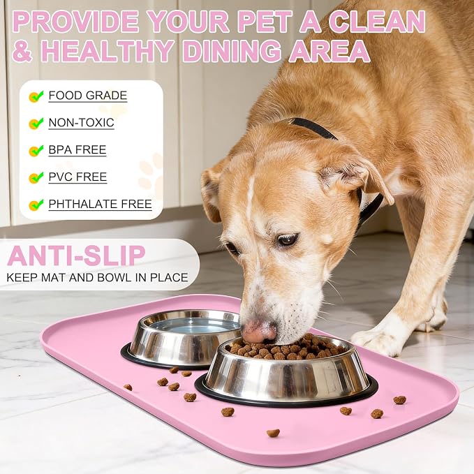 SMILOOL Waterproof Silicone Pet Food Mat with Raised Edge for Dog & Cat | 19" x 12" Non-Slip Pet Feeding Mats with Lip for Food & Water Bowl, Food Grade, Easy Cleaning, Pink