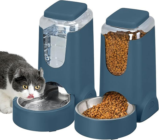 Lot de 2 distributeurs automatiques de nourriture pour chat et chien, distributeur d'eau et abreuvoir par gravité en acier inoxydable pour petits et moyens chiots et chatons (2 x 3,8 litres, bleu marine)