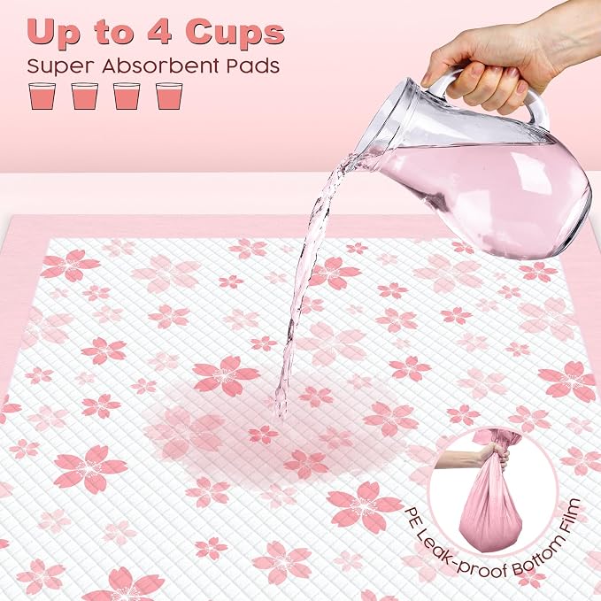 MIZOK Pink Puppy Pads with Adhesive Tabs Wee Wee Pads for Dogs 22x22in 30Ct | Cute Cherry Blossom Designs Feature Pheromone Attractant for Fast Training Small Dog Potty Pads Ideal for Female Puppy Needs