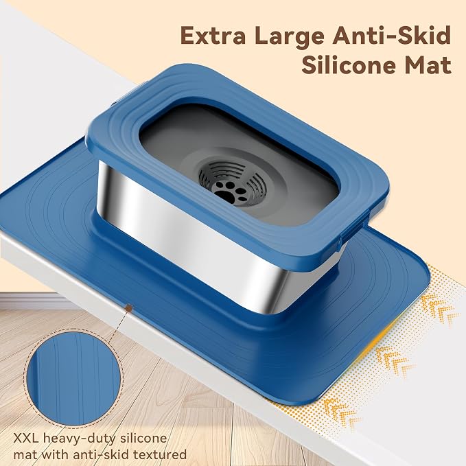 10L No Spill Dog Water Bowl Stainless Steel for Messy Drinkers | Large Capacity Slobber Stopper, Slow Drinking Anti Splash Design, XXL Silicone Mat, For Large Dogs & Multi-pet Homes, Blue