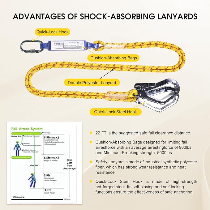 Fall Protection Premium Safety Harness with Shock Absorbing Lanyard, Vented & Padded Shoulder, Legs & Back - Upgrade 4 Quick Buckles (Yellow)