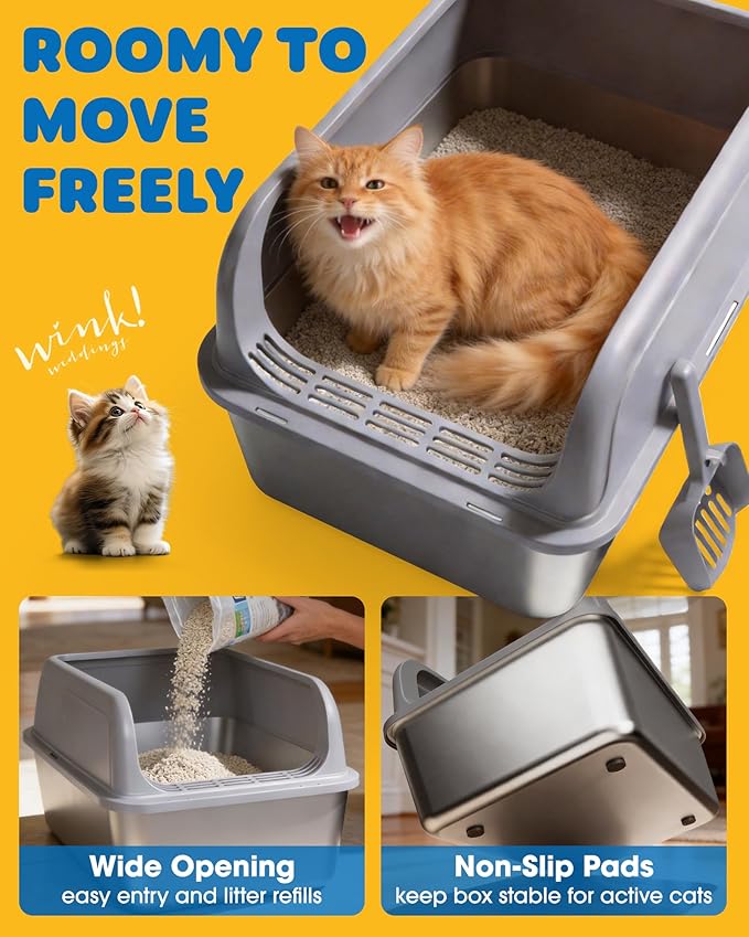 Powools Stainless Steel Cat Litter Box, Metal Litter Box with Scoop, High- Sided, Anti-Leakage Top Entry, Non-Sticky, Easy to Clean, Grey, XL (2 Pack)