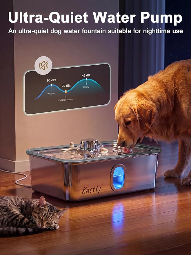 Kastty 17L/4.5Gal Large Dog Water Fountain Stainless Steel for Multi-Pet | Quiet Pet Water Fountain , Automatic Dog Water Bowl Dispenser with Visible Window & Alert Light, 5-Stage Filtration FS85