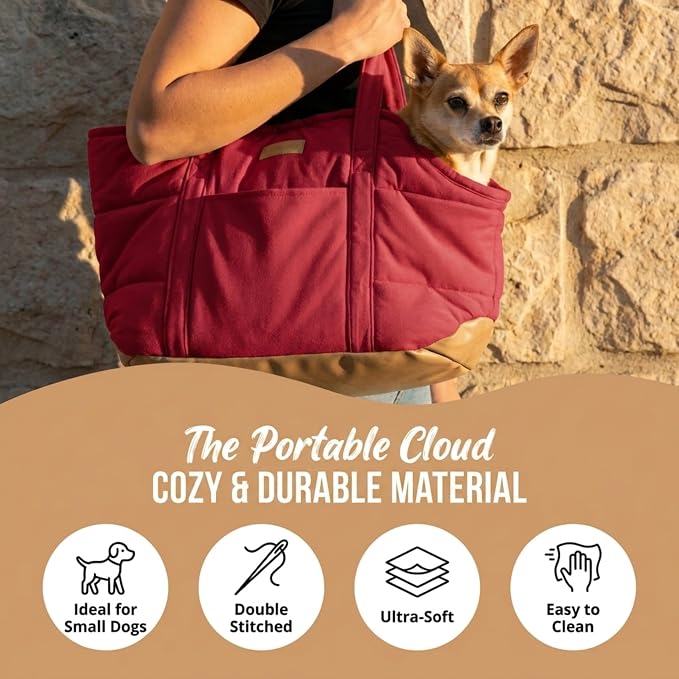 Plush Dog Purse Carrier for Small Dogs, Soft Dog Tote Bag with Safety Harness Clip, Cozy Pet Carrier for Dogs Under 15 lbs, Comfortable Dog Shoulder Carrier for Travel, Red