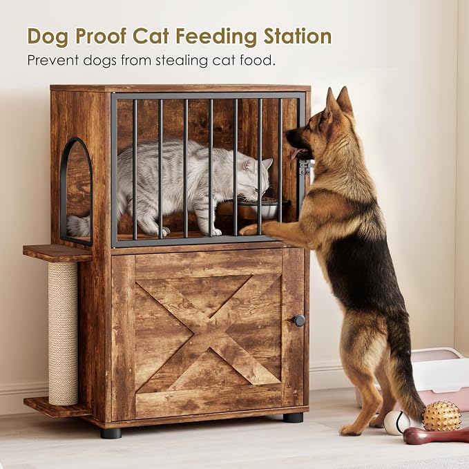Dog Proof Cat Feeding Station, Dog Proof Cat Feeder, Cat Food Table,Vintage | Cat Feeding Station with Scratching Post, Elevated Food Bowls with Stand, Cat Tree with Food Storage, Cat House