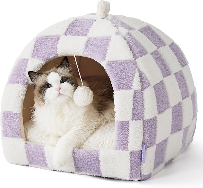Lesure 2in1 Cute Cat House for Kitten with Washable Cushioned Pillow,17.3in | Cat Beds for Indoor Cats,Small Pet Cave Tent,Cozy Enclosed Foldable Hideaway,Fluffy Ball,Anti Slip Bottom,Hand Strap,Purple