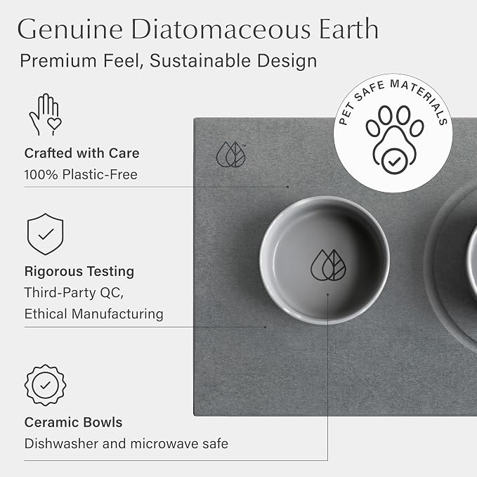Dorai Home Ceramic Dog Bowls + Stone Drying Mat - Dog Food and Water Bowl Set with Non-Slip Base that Absorbs Spills and Drips - Made with Diatomaceous Earth for Quick Drying - 23.6" x 15.4" - Slate
