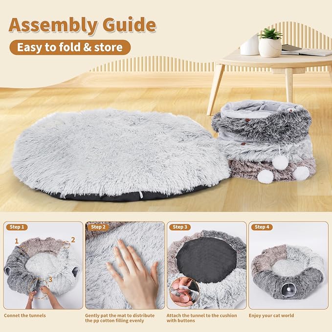 Large Cats Tunnels for Indoor Cats Fluffy Warm Cat Bed and Detachable Cave Tunnels with 20 Pet Toys, Donut Tunnel and Variety Kitten Toy Set for Playing