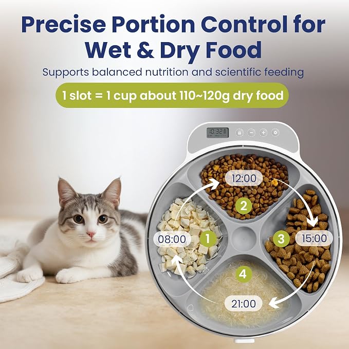 Smart 4-Meal Automatic Wet Food Pet Feeder, 4-Cup Capacity | Programmable Timer for Wet & Dry Food, Cordless, with Ice Packs, Dog & Cat Feeder, White