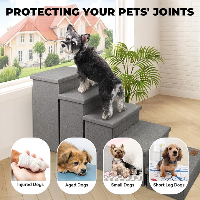 Zerbuger Dog Stairs with Storage, Grey 5 Steps Dog Ramp no Condo for Bed | 26" H Wider Dog Steps for High Beds Couch, Folding Storage Pet Stairs Gift for Climbing Small/Medium/Large Old Dogs Cats