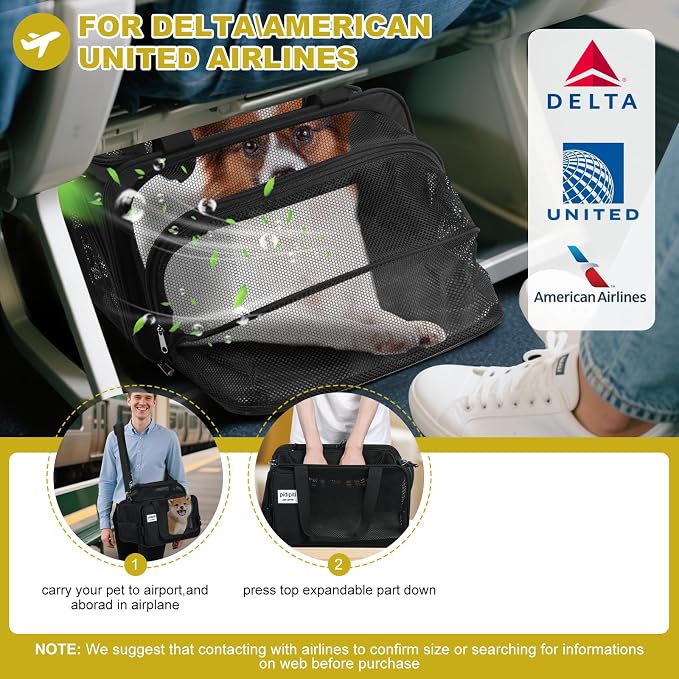 pidipiti 17x11x11 Soft-Sided pet Carrier,for 1 Small Dog or Medium cat | top and 1 side Expandable,for American Delta United Airline ,TSA Approved,with 2 pockets,zipper lock,leakproof,vet visiting