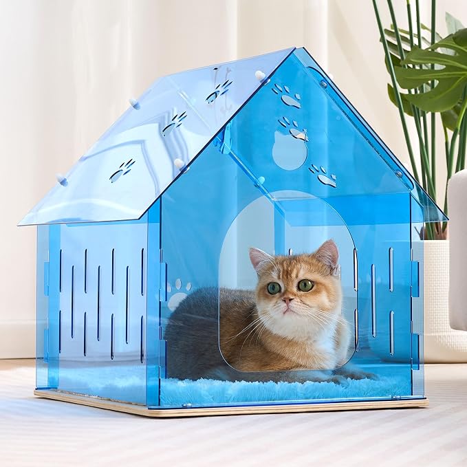 Acrylic Cat House for Indoor Cats, Transparent Cat Bed Cave with Plush Cushion & Hanging Toys, Modern Ventilated Cat Condo with Sturdy Wooden Base for Adult Cats & Kittens up to 15 lbs, Blue