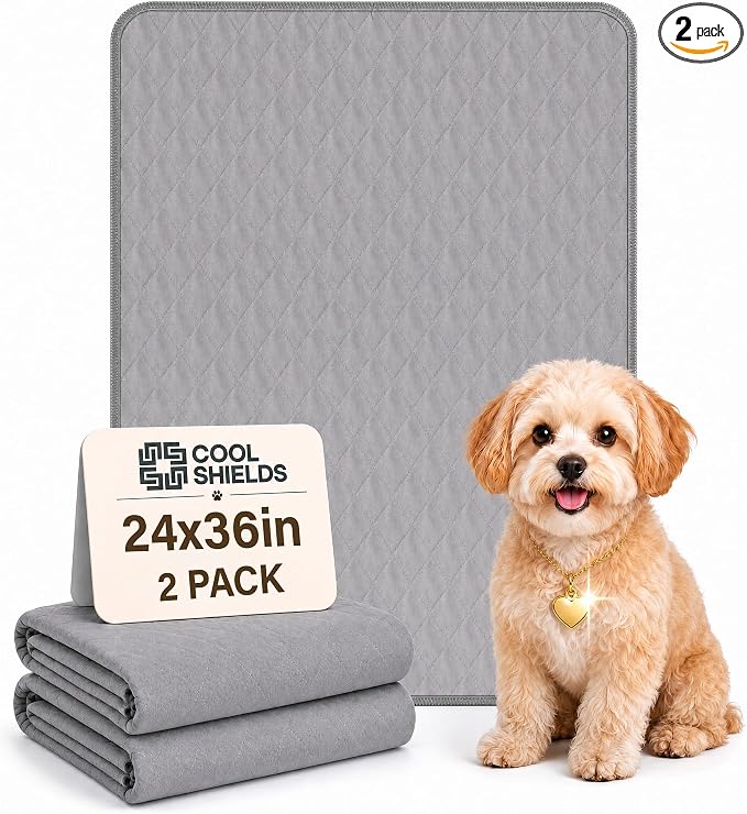 CoolShields Washable Pee Pads for Dogs, 24'' x 36'', Grey, 2 Pack | Ultra-Absorbent Reusable Waterproof Puppy Pad for Crates, Playpens, Carpets, and Floors—Ideal for Dogs, Cats, and Small Pets