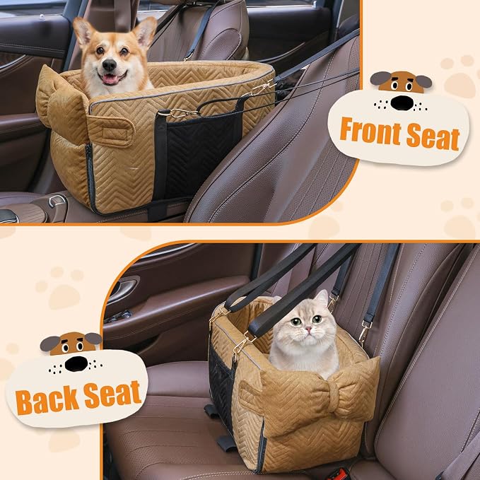 Dog Car Seat for Small Dogs, Portable Center Console Dog Car Seat, Pet Booster Seats with Safety Belt and Soft Cushion, Pet CarSeat for Dogs and Cats Under 15 lbs, Brown