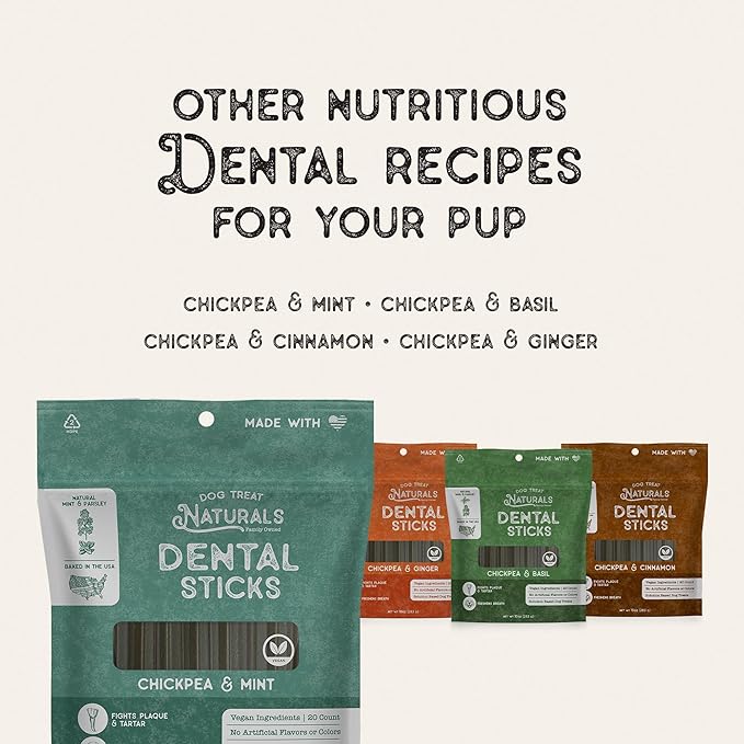 Dog Treat Naturals Chickpea & Mint Dental Sticks 10oz, 20ct | Dog Dental Chew Treats for Small, Medium, Large Dogs | Freshen Breath, Fight Plaque-Tartar | Natural Teeth Cleaning Treats | USA Made
