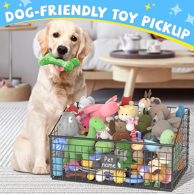 Kaiferty Indestructible Dog Toy basket, Large Toy Bin for Dogs,Pet Toy Bin Dog Metal Basket Organizer Storage for Toys Food Storage (Black)