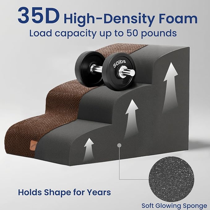 GoGoBunny Ramp Dog Stairs for Couch Sofa and Chair 15.7" H, 3-Step Pet Steps for Small Dogs and Cats, Non-Slip Waterproof Fabric Cover, Stable and Balanced Indoor Step, Pets Friendly, Brown