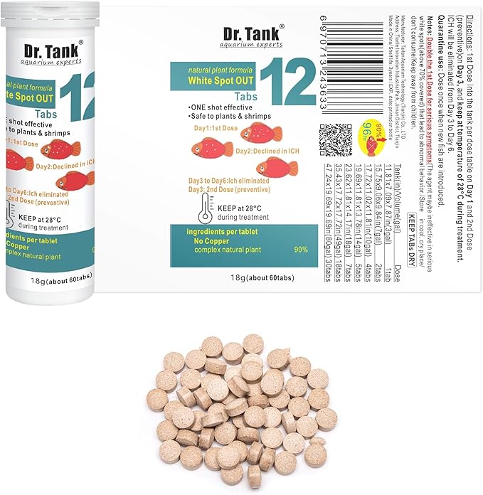 Dr. Tank #12 White Spot Out - Ich Treatment for Freshwater Fish - Eliminates Ick White Spot Disease - Safe for Aquatic Plants - 60 Tablets