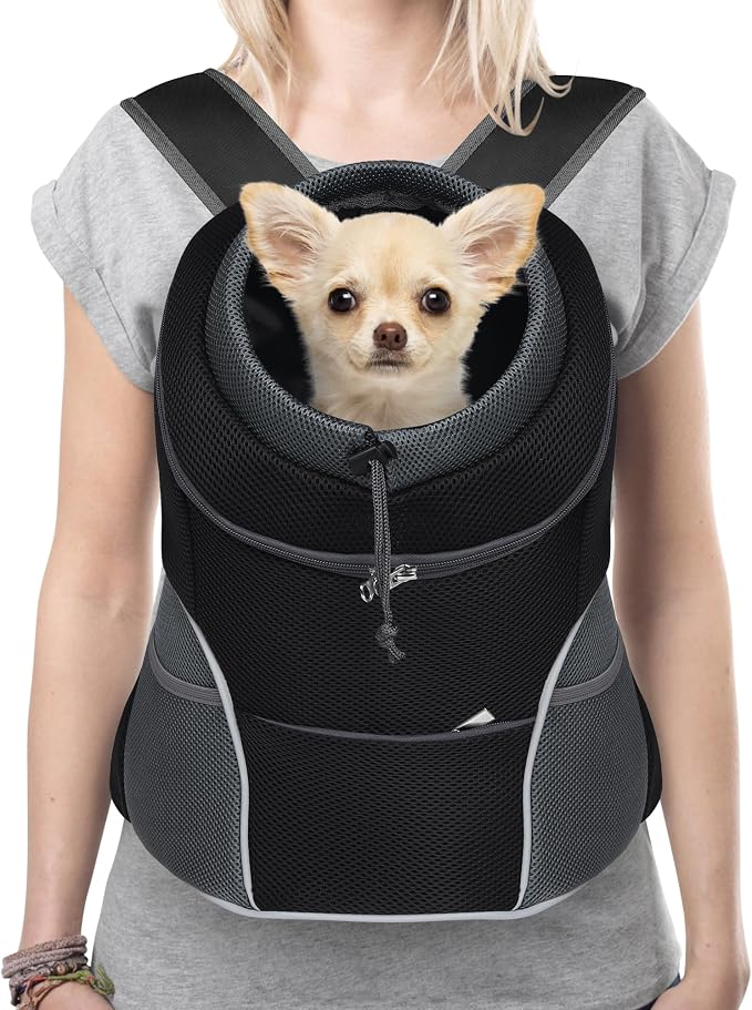 YUDODO Dog Front Carrier Backpack, Adjustable Breathable Dog Backpack | Ventilated, Safety Belt, Lightweight, Reflective Strip, Pocket Storage, For Walking Hiking Outdoor, Black, L