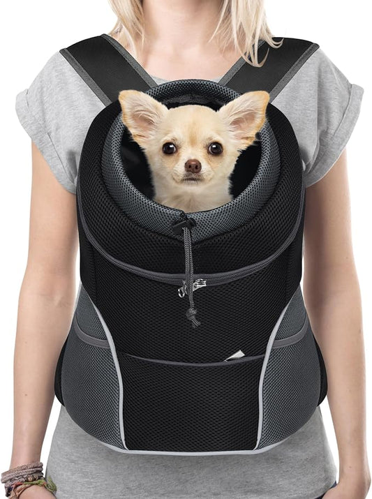 YUDODO Dog Front Carrier Backpack, Adjustable Breathable Dog Backpack | Ventilated, Safety Belt, Lightweight, Reflective Strip, Pocket Storage, For Walking Hiking Outdoor, Black, L