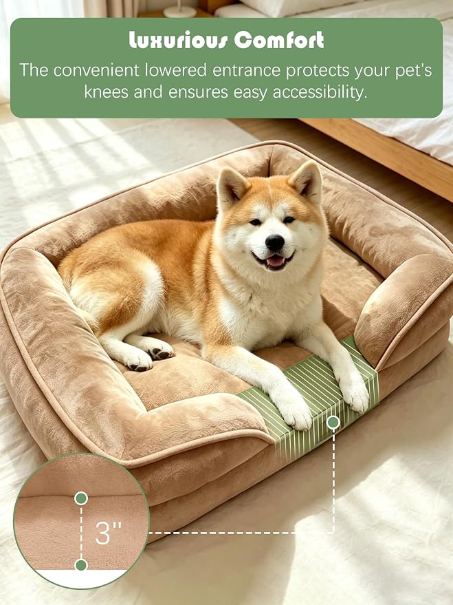 Spotted Play Orthopedic Dog Bed with Sides - Sofa Beds for Extra Large Dogs, Supportive Foam Pet Couch Bed with Washable Removable Cover, Waterproof Lining and Non-Slip Bottom, Brown - XL-Plus