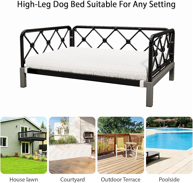 Elevated Indoor & Outdoor Dog Bed for Small Dogs, Durable Rattan Wicker Pet Sofa with Removable Washable Waterproof Cushion, Stylish Dog Couch, Black Rattan/White Mat