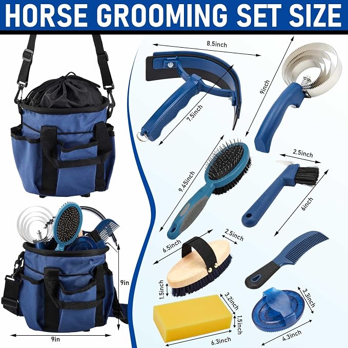 Cunhill 9 Pcs Horse Grooming Kit Tack Room Supplies Set with Tote Bag, Oval Massage Curry, Hard and Soft Brush, Hoof Pick, Sweat Scraper, Bathing Sponge, Comb for Horse Rider(Classic,Dark Blue)