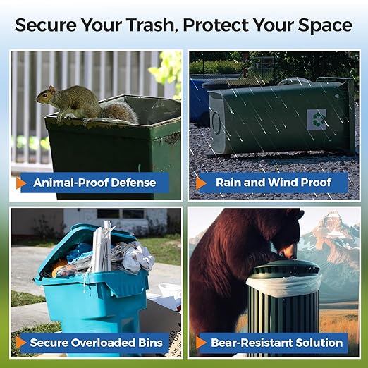 2PCS Bear Proof Trash Can Lock with Double Metal Claw - Heavy Duty Garbage Can Locks for Animals - Adjustable Strap Lid Lock for 32-96 Gallon Outdoor Cans - Secure Against Raccoons & Squirrels