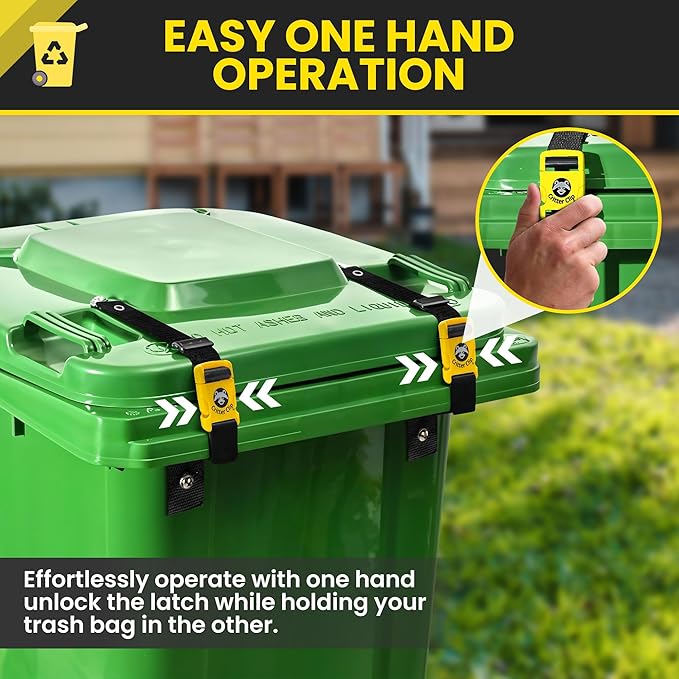 Critter Clip Trash Can Locks for Animals Heavy Duty Bear Proof Trash Can Lid Lock with Buckles and Straps for Outdoor Use Racoon Straps for Garbage Lids Quick Setup Deterrent for Securing Bins-2PCS