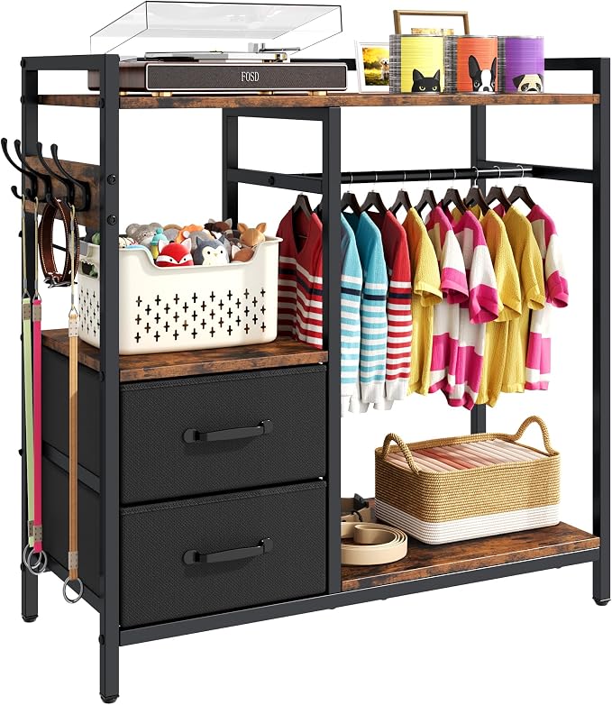 kepptory Dog Closet with Drawers & 4 Hooks, Freestanding Pet Garment Rack for Dog Clothes & Cat Accessories, Pet Supply Storage Organizer, Metal Frame Industrial Style