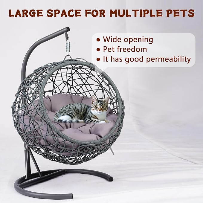 Anwick Cat Swing Bed with Stand & Cushion Indoor Outdoor, Egg Chair(Gray) | with Rattan Wicker Appearance, Indoor Hanging Swinging Hammocks for Cat, Dogs, and Small Animals Bedroom Porch