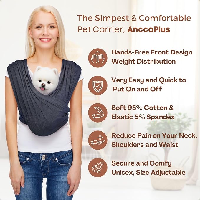 Small Dog Sling Carrier, Hands-Free, Charcoal Black, Plus | Patented Front Carrier Reduces Back and Neck Strain; Adjustable, Soft Cotton, 3D Air Mesh for Puppies & Cats up to 20 lb