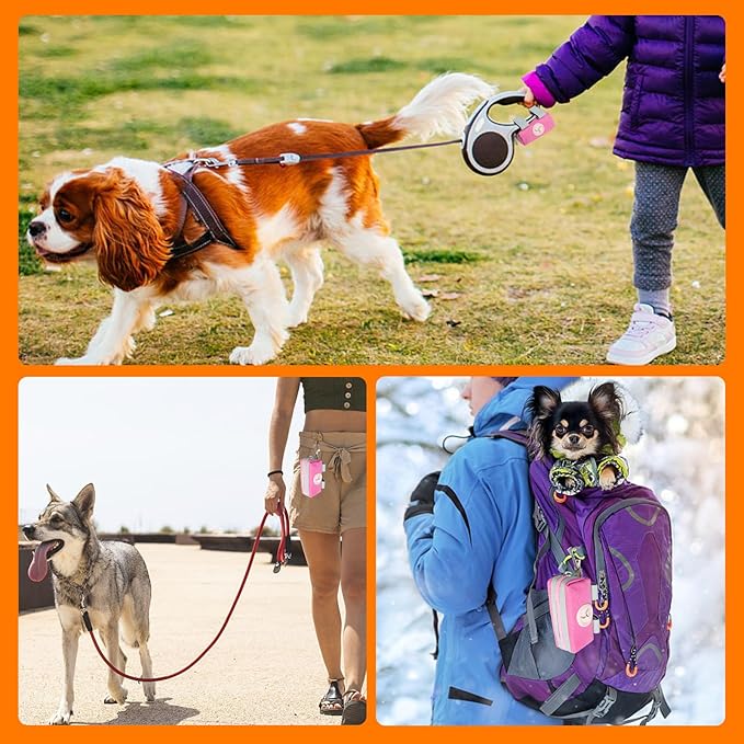Dog Poop Bag Holder Zippered Pouch, Portable Waste Bag Dispenser with 1 Metal Clip, Fashion Color Matching Canvas Holder for Leashes - Pink