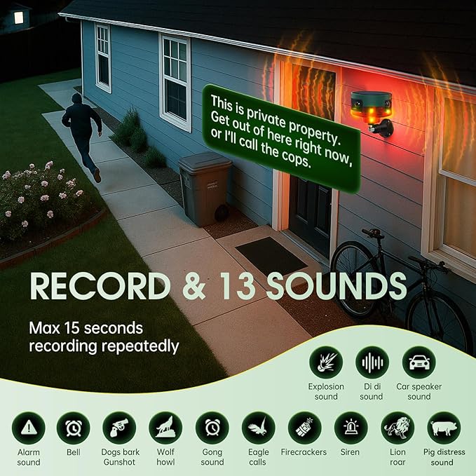 Solar Outdoor Motion Sensor Alarm, 130dB Dog Barking & Gunshot Sound, 13 Sounds, Strobe Light, Support Recording & Volume Control, Keeps Unwanted Animals Away from Yard, Garden, or Farm
