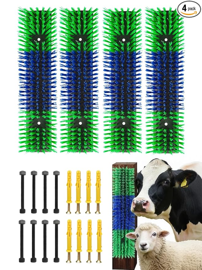 Livestock Scratching Brush 4 Pack, Itch Relief Goat Scratching Post | Wear-Resistant Nylon Bristles, 16 Heavy-Duty Screws, Horse & Goat Scratching Post for Large Herds, Cows, Goats, Sheep, Pigs
