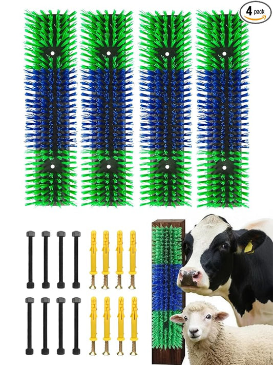 Livestock Scratching Brush 4 Pack, Itch Relief Goat Scratching Post | Wear-Resistant Nylon Bristles, 16 Heavy-Duty Screws, Horse & Goat Scratching Post for Large Herds, Cows, Goats, Sheep, Pigs