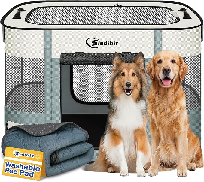 Siedihit Dog Playpen, Cat Pet Puppy Crate, Portable Playpens Indoor Outdoor (Grey with Pad, Large)