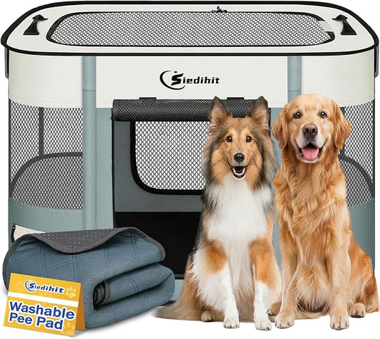 Siedihit Dog Playpen, Cat Pet Puppy Crate, Portable Playpens Indoor Outdoor (Grey with Pad, Large)