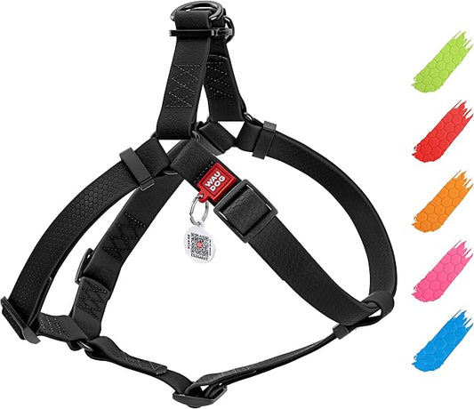 WAUDOG Waterproof Harness - Adjustable for Large, Small and Medium Dogs - Heavy Duty with Durable Metal Clasp and QR Tag - Boy & Girl - Black (16-22in)