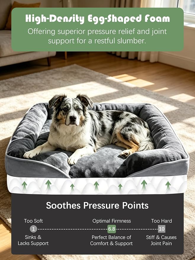 Spotted Play Orthopedic Dog Bed with Sides - Dog Sofa Beds for Large Dogs, Supportive Foam Pet Couch Bed with Washable Removable Cover, Waterproof Lining and Non-Slip Bottom, Grey - L