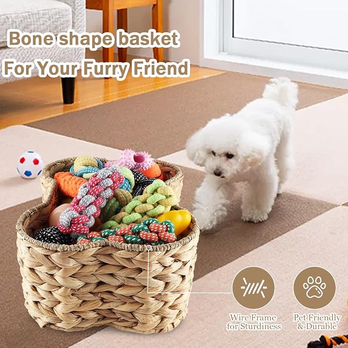 Set Of 2 Pet Dog Toy Basket-Dog Bone Basket-Wicker Basket for Pet Stuff-Dogs Toy Box for Living Room Area-Handmade Water Hyacinth Baskets with DIY Tag ﻿
